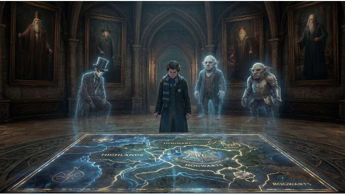 Uitgelichte thumbnail voor Hogwarts Legacy over Reddit-kritiek op het einde, met een magische sfeer rond Hogwarts