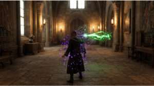 Hogwarts Legacy thumbnail met magische tovenaar en kasteelachtergrond voor een gids over talent builds