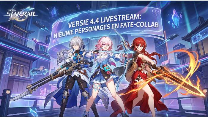 Uitgelichte thumbnail voor Honkai: Star Rail 4.4-livestream met animepersonage en tekst over Fate-collab