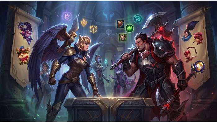 League of Legends featured thumbnail over champion select counterpicks met blauw-rode gradient en titeltekst