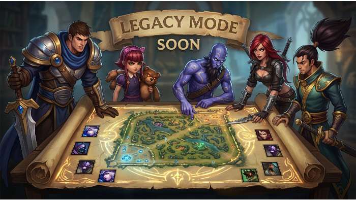 League of Legends thumbnail met Classic-mode kop en Riot-logo, als aankondiging van een nostalgische speelmodus