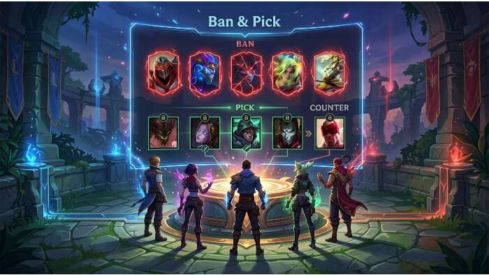 League of Legends thumbnail met draft prioriteiten voor pick en ban strategie in ranked