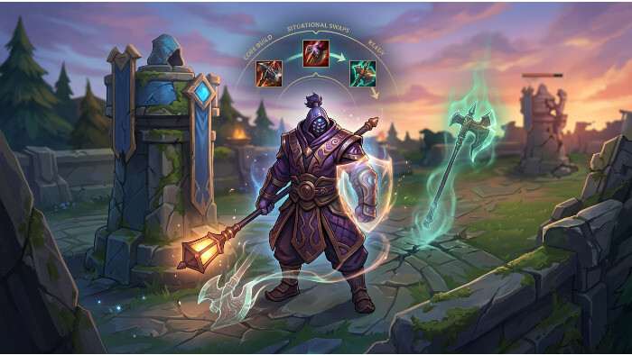 League of Legends thumbnail met item build-iconen en rolindeling voor verschillende posities