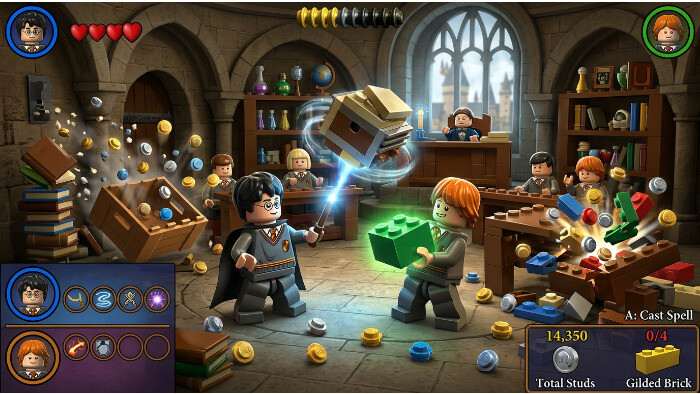 Uitgelichte thumbnail van LEGO Harry Potter: Years 1-4 op Nintendo met LEGO-tovenaars in een magische sc&egrave;ne
