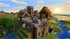 Uitgelichte thumbnail voor Minecraft (Bedrock Edition) met blokkerig landschap dat de sandbox-ervaring op elk scherm benadrukt