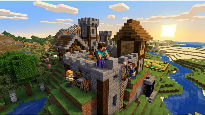 Uitgelichte thumbnail voor Minecraft (Bedrock Edition) met blokkerig landschap dat de sandbox-ervaring op elk scherm benadrukt