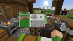 Minecraft featured thumbnail met een crafting table en crafting grid, passend bij een overzicht van crafting recepten