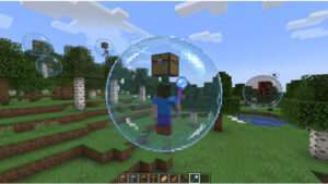 Minecraft: Java Edition thumbnail met Mo' Bubbles update, met loot-bubbels rond items in een blokkerige wereld