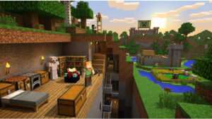 Uitgelichte thumbnail voor Minecraft: Java Edition op pc met blokkerig landschap en het artikelthema "sandbox"