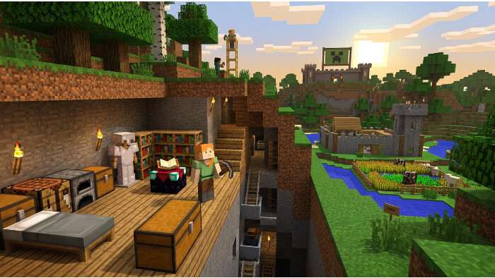 Uitgelichte thumbnail voor Minecraft: Java Edition op pc met blokkerig landschap en het artikelthema "sandbox"