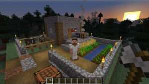 Minecraft featured thumbnail met blokkerig landschap als cover voor survival-gids van eerste nacht tot Ender Dragon