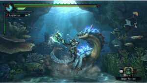 Uitgelichte thumbnail voor Monster Hunter Tri op Wii met jager en groot monster in een ruige omgeving