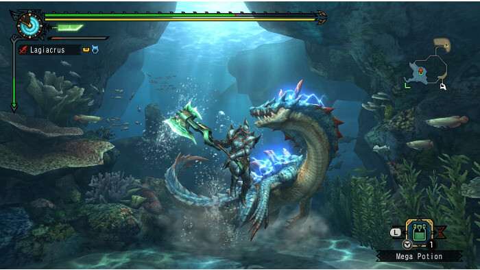 Uitgelichte thumbnail voor Monster Hunter Tri op Wii met jager en groot monster in een ruige omgeving