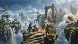 Monster Hunter Wilds thumbnail voor Ascendance met The Skybound Eyrie als zwevende rotsformatie boven wolken