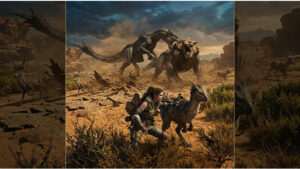 Monster Hunter Wilds uitgelichte thumbnail met jager en groot monster in een stoffige wildernisomgeving