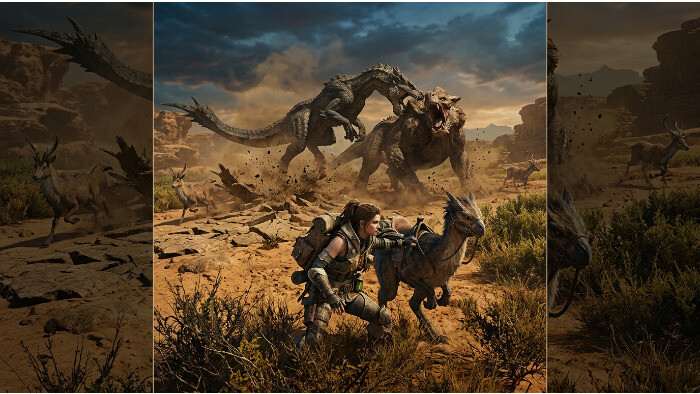 Monster Hunter Wilds uitgelichte thumbnail met jager en groot monster in een stoffige wildernisomgeving
