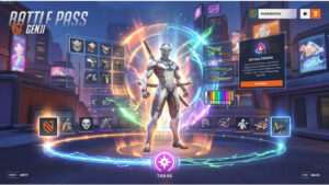 Overwatch 2 featured thumbnail met de tekst "Battle Pass beloningen" op een paarse achtergrond