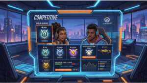 Overwatch 2 featured thumbnail met competitieve rank iconen en de tekst over het competitive rank systeem