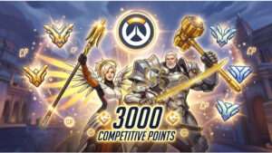 Overwatch 2 thumbnail met Competitive seizoensbeloningen, CP en golden weapons als onderwerp