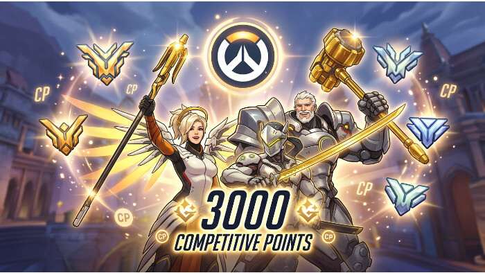 Overwatch 2 thumbnail met Competitive seizoensbeloningen, CP en golden weapons als onderwerp