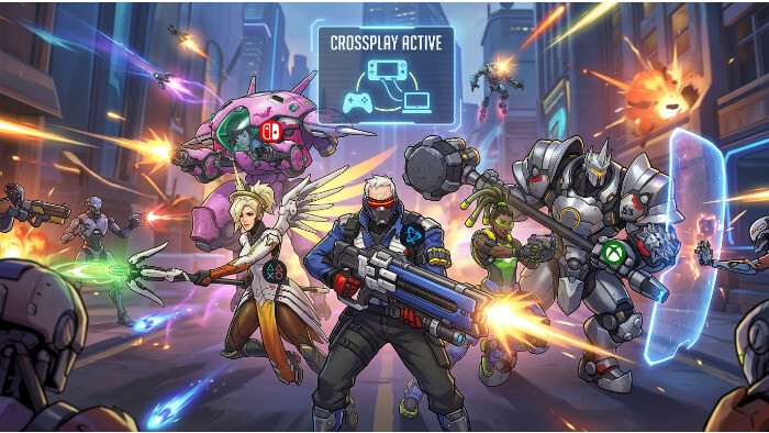 Overwatch 2 featured thumbnail met hero-portret en titel over crossplay instellingen