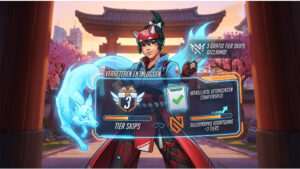 Overwatch 2 thumbnail met heldenportret en tekst over 3 gratis Tier Skips na Weekly Challenges-bug