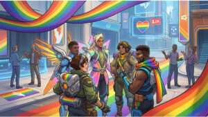 Overwatch 2 thumbnail met Pride-kleuren die verwijzen naar het Pride-event en de verdeelde community