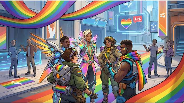 Overwatch 2 thumbnail met Pride-kleuren die verwijzen naar het Pride-event en de verdeelde community