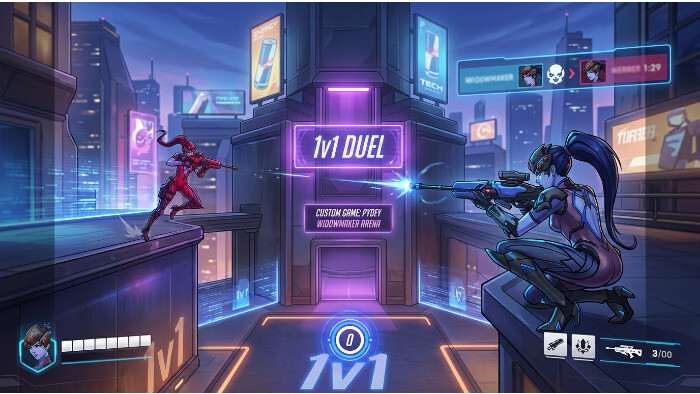 Overwatch 2 thumbnail met Widowmaker en titel over de 1v1 code PYDEY die viraal gaat op TikTok