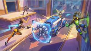 Overwatch thumbnail met heldenportretten en de tekst over 5v5 die teams in twee richtingen trekt