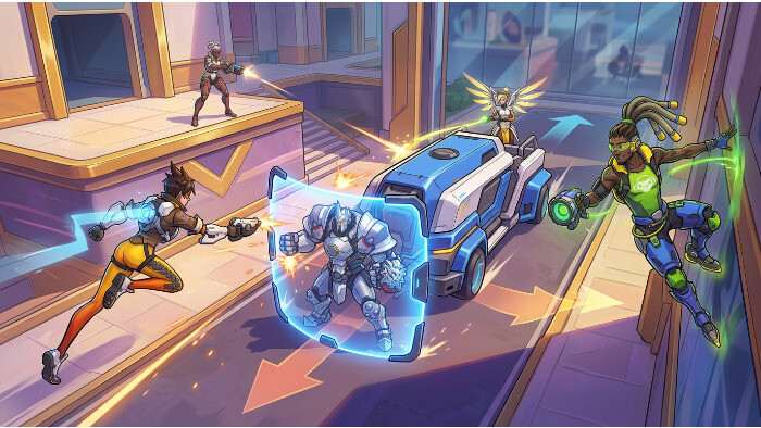 Overwatch thumbnail met heldenportretten en de tekst over 5v5 die teams in twee richtingen trekt