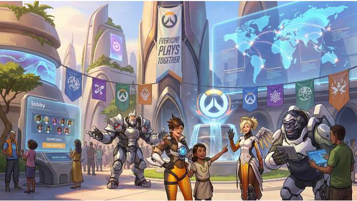 Overwatch thumbnail met Microsoft-thema over exclusiviteit en waarom live-service games buiten de deal vallen