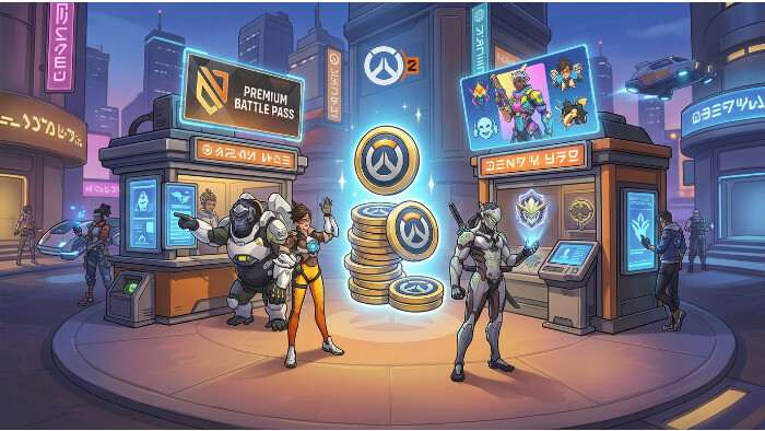 Featured thumbnail for Overwatch showing Overwatch Coins buying topic on a bold graphic banner