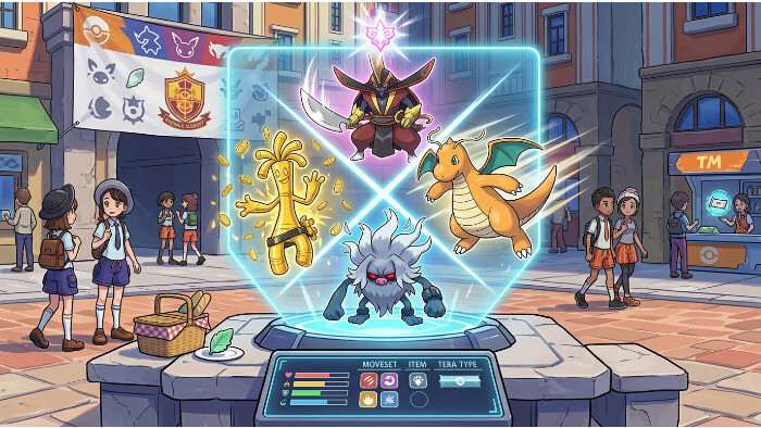 Pokémon Scarlet & Violet thumbnail met trainer en Pokémon, gericht op de beste moveset per Pokémon