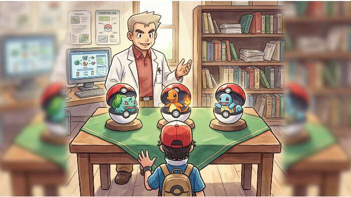 Uitgelichte thumbnail voor Pokémon: starter kiezen, met drie starter-Pokémon als keuze per generatie