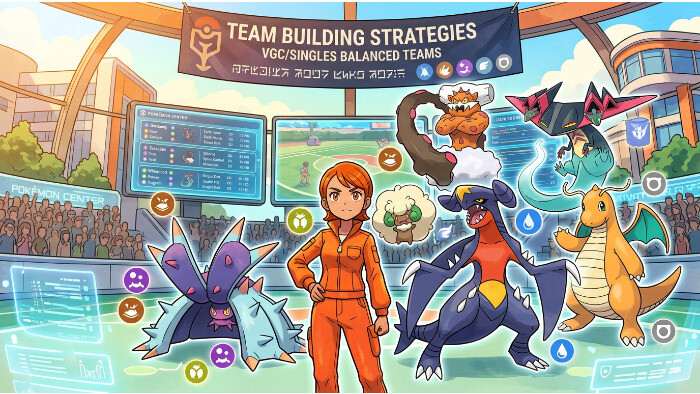 Pokémon uitgelichte thumbnail met een rood-witte Poké Ball en tekst over een winnend team bouwen