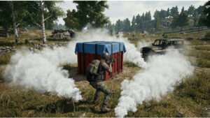 PUBG featured thumbnail met een airdrop-crate en rookpluim, passend bij tips om een push te overleven