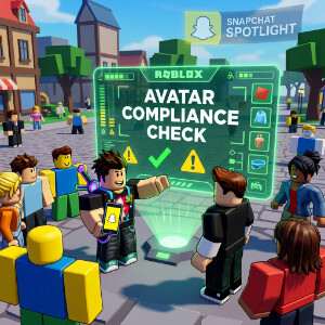 Roblox featured thumbnail met Roblox-avatar en Snapchat-appicoon rond avatar compliance check