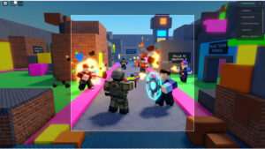 Roblox FPS artikelthumbnail met gewapende Roblox-personages en tekst over 4 miljoen spelers zonder trailer