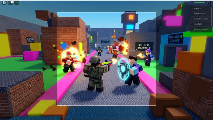 Roblox FPS artikelthumbnail met gewapende Roblox-personages en tekst over 4 miljoen spelers zonder trailer