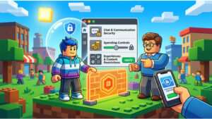 Roblox featured thumbnail voor een gids over ouderlijk toezicht instellen, met Roblox-figuur op blauwe achtergrond