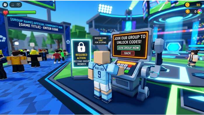 Roblox Project Blue Lock 2 thumbnail met tekst over codes die pas vrijkomen na een group-join