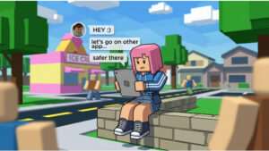 Roblox featured thumbnail met een kind-avatar en waarschuwende tekst over een rechtszaak rond vermeende grooming