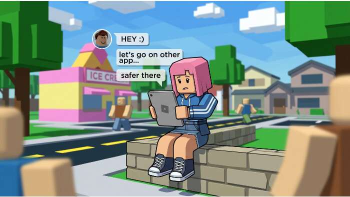 Roblox featured thumbnail met een kind-avatar en waarschuwende tekst over een rechtszaak rond vermeende grooming