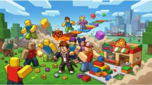 Roblox featured thumbnail met een kleurrijke sandbox-wereld en blokkerige avatarstijl