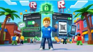 Roblox featured thumbnail over 2-step verification instellen en problemen oplossen, met Roblox-logo en beveiligingsicoon