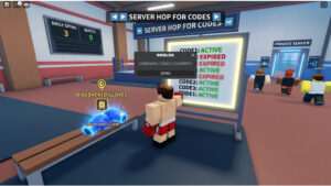 Roblox thumbnail voor Untitled Boxing Game codes met bokser en tekst over gratis spins en server-hoppen