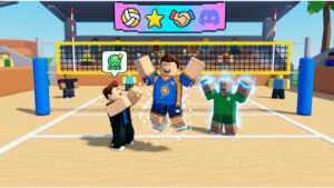 Roblox Volleyball Legends featured thumbnail met volleybalspeler en verwijzing naar codes en grind