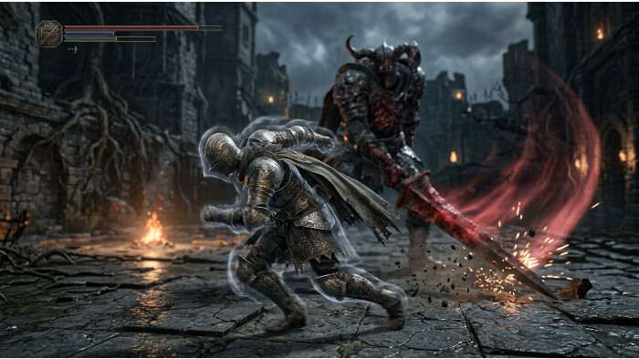 Soulsborne featured thumbnail met een krijger die ontwijkt, passend bij i-frames en rol-timing