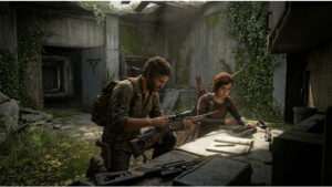 The Last of Us thumbnail met titel over New Game Plus, met Ellie en Joel in een donkere, post-apocalyptische scène